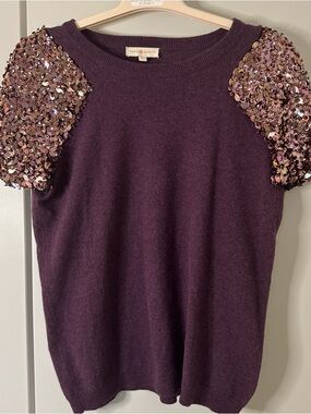 Tory Burch Plum Cashmere-Blend Top with Sequin Puff Sleeves